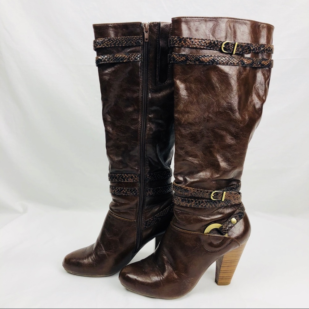 BASS BORDEAUX BROWN LEATHER BOOTS SNAKESKIN STRAPS - Picture 1 of 6